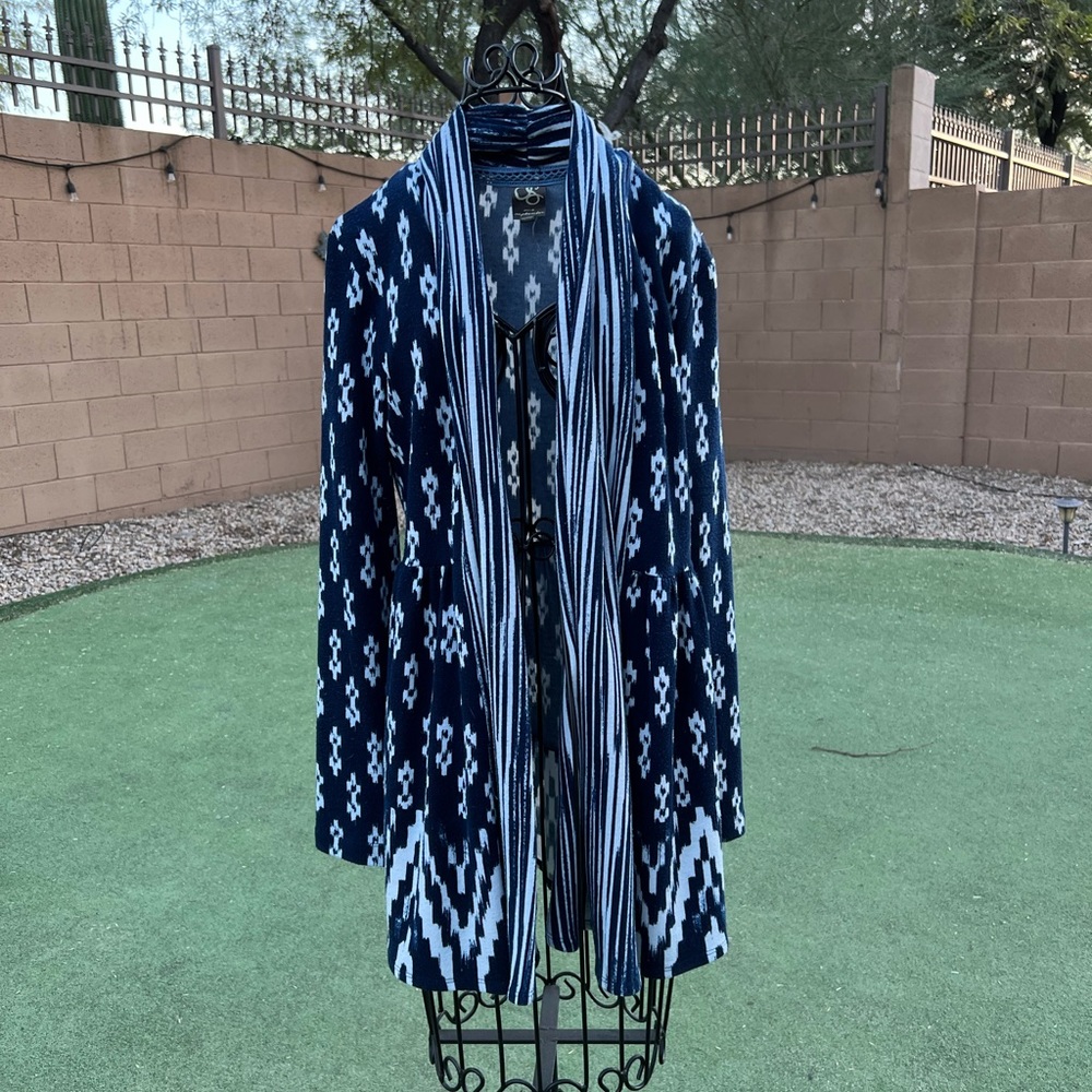 Anthropologie One September Martingale Blue & White Cardigan Sz XS